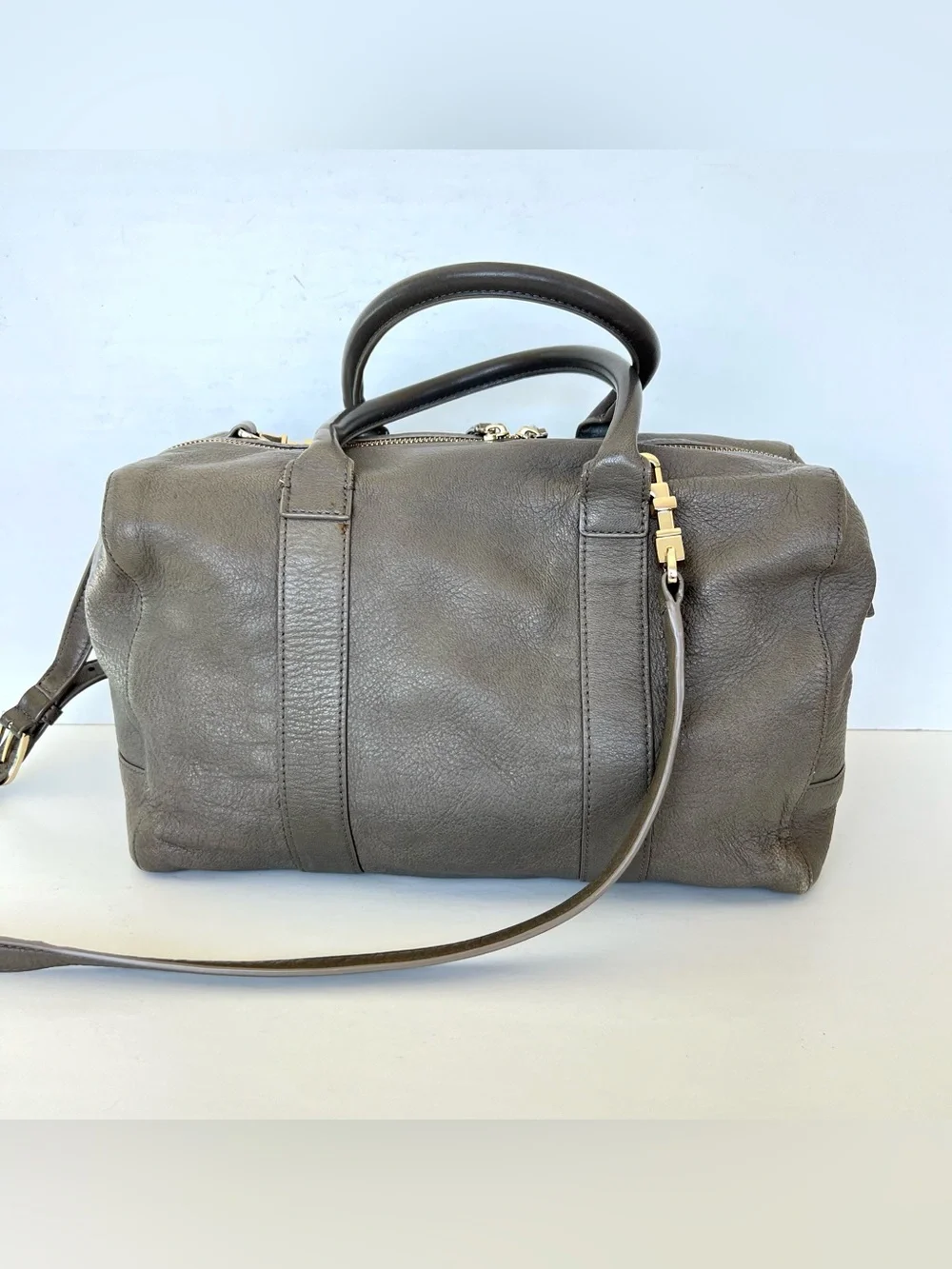 TORY BURCH Taupe Brody Porcini Pebbled Leather With Strap Shoulder Bag Satchel